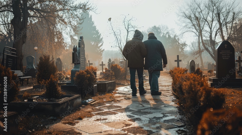 Rear view picture of sad lonely persons visiting relatives standing at cemetery alone Rear view picture of sad lonely persons visiting relatives standing at cemetery alone