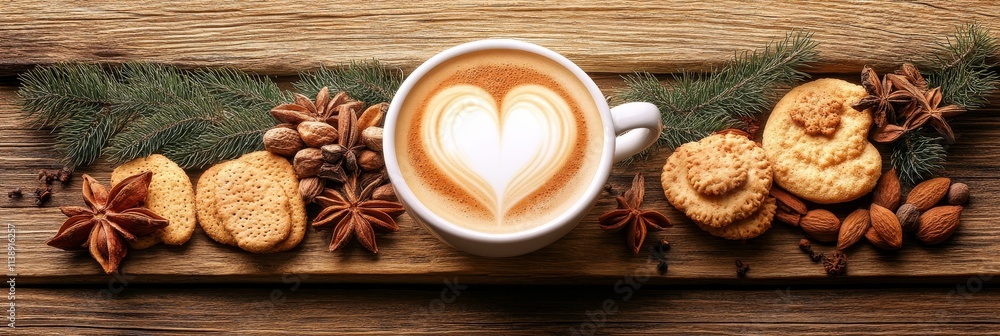 Top View Of Latte With Heart, Cozy Spices Layout, Rustic Decoration For Menu, Template, Invitation