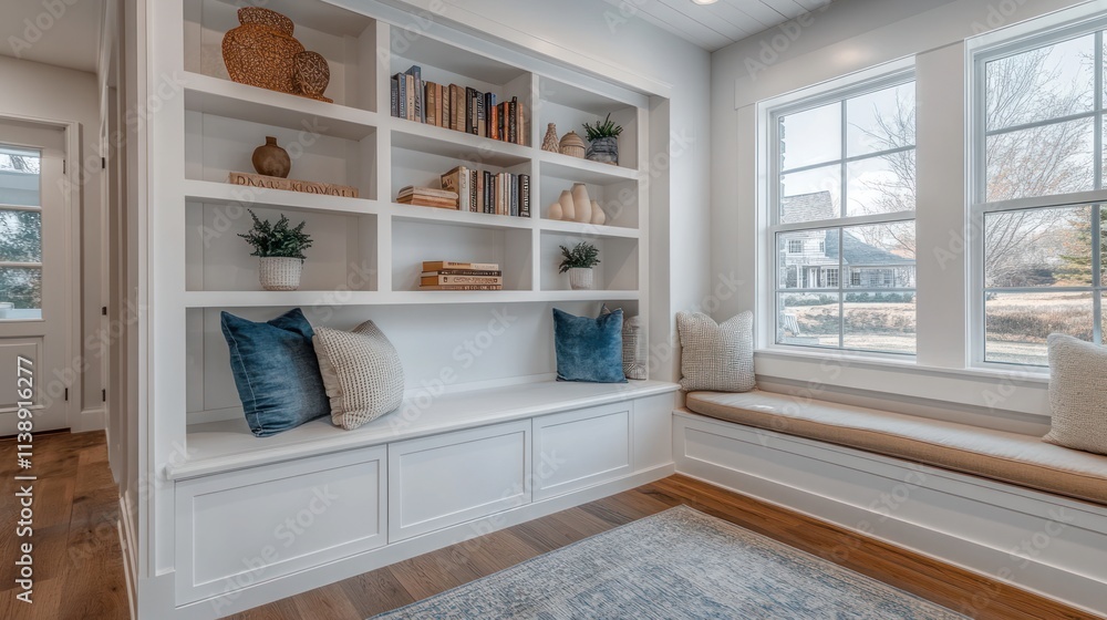 Fototapeta premium Built-in white bookcase with window seat and blue pillows in a bright room.