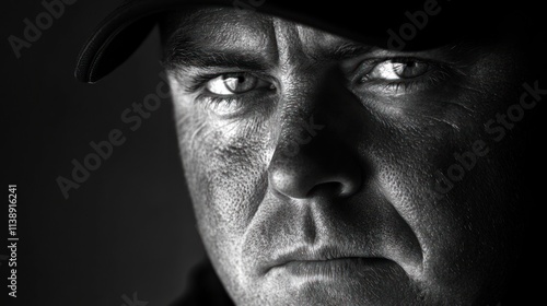 Man intense look, serious gaze, black & white.