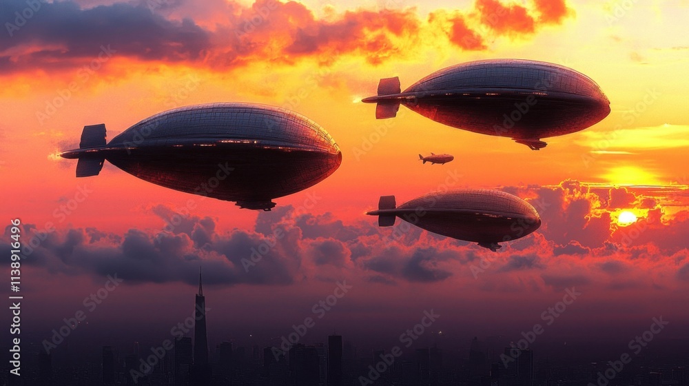 Fototapeta premium Soaring airships at sunset over new york city futuristic scene aerial view urban landscape for adventure seekers