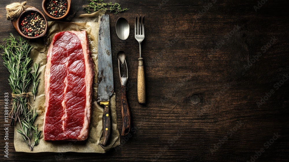 Fresh Raw Beef Steak with Herbs and Kitchen Utensils on Wooden Table