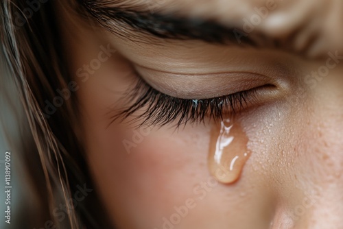 Silent sorrow - close-up of a tear streaked woman face, portraying inner pain, quiet strength, intimate portrayal of sadness, resilience, powerful, unspoken language of emotion in hardship. photo