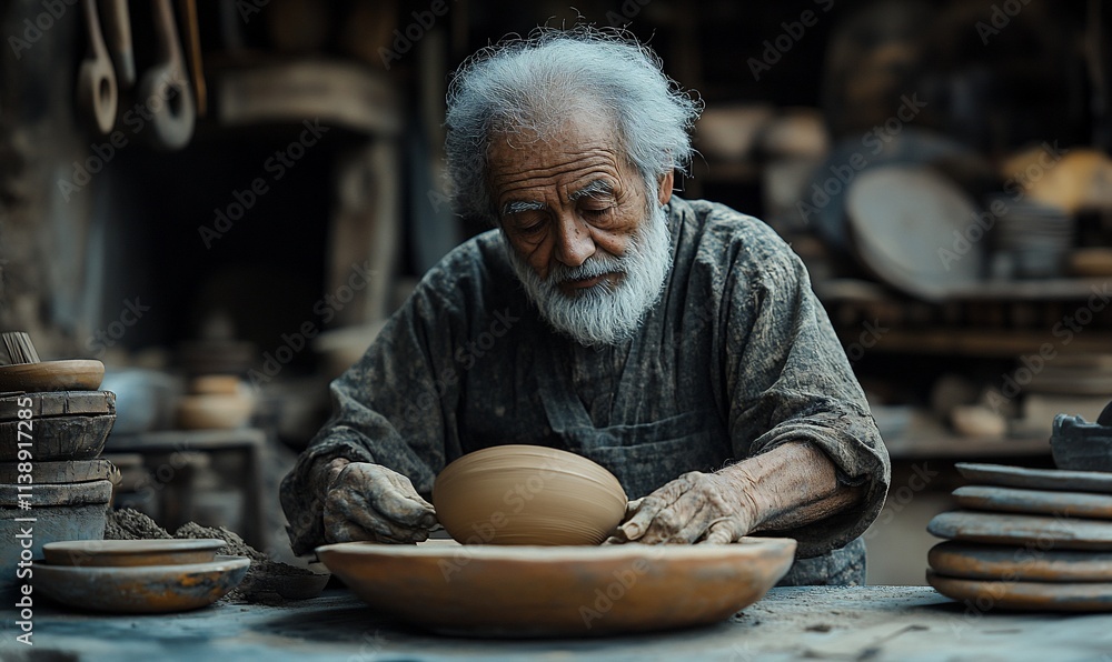 Elderly artisan meticulously shaping clay pot on pottery wheel in workshop. Elderly artisan meticulously shaping clay pot on pottery wheel in workshop.