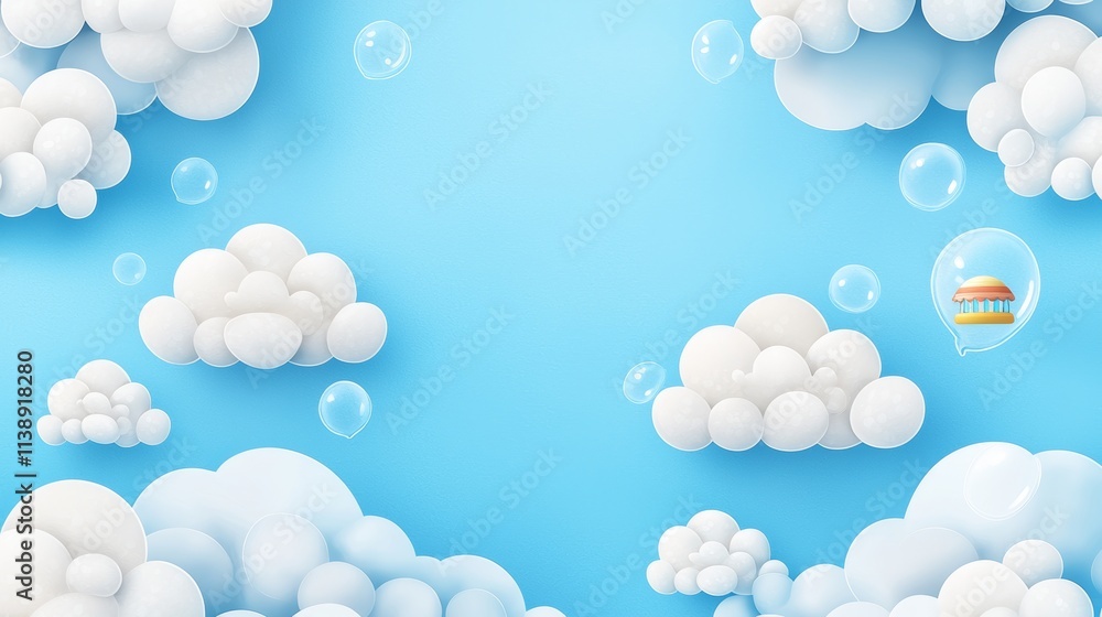 Assorted whimsical clouds with textured hand-drawn effects, some shaped like toys, set in a lively blue sky, childlike charm infused
