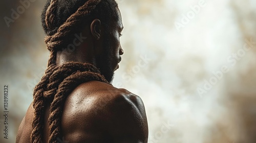 Strong Male Figure with Intricate Braided Hair Posing in Soft Lighting Against a Smoky Background, Emphasizing Musculature and Artistic Expression photo