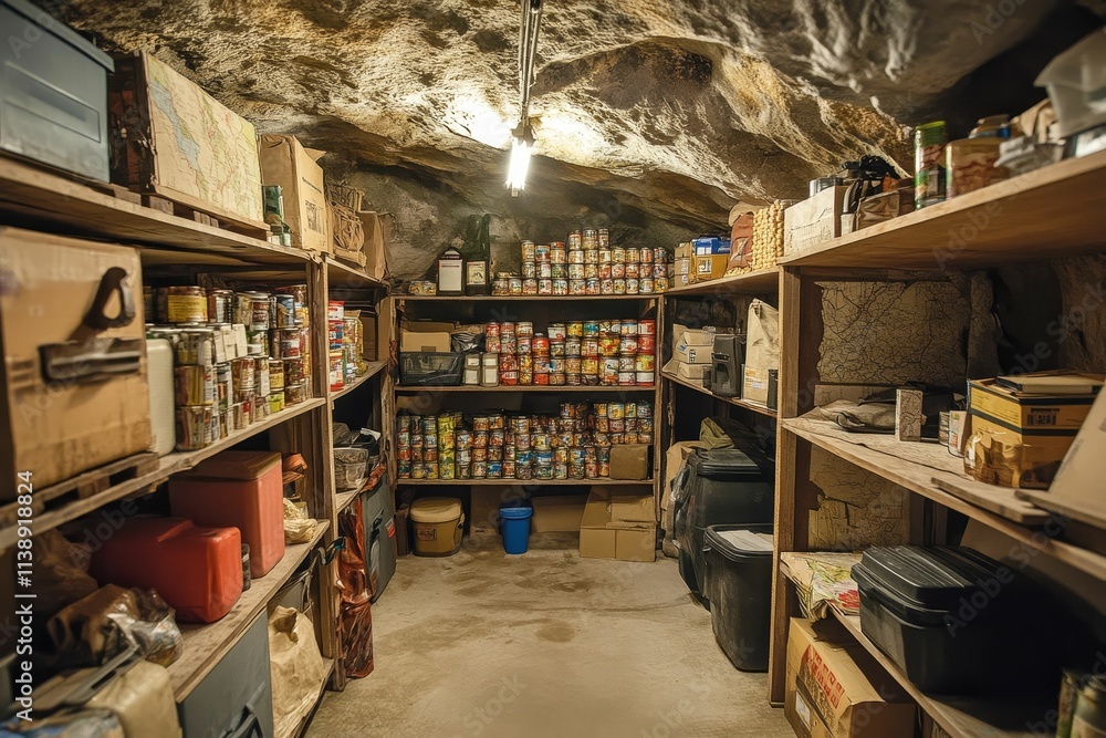 Underground storage room, stocked with canned goods, supplies. Underground storage room, stocked with canned goods, supplies.