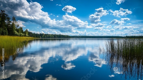 Serene lake landscape with clouds reflected on water. Tranquil nature scene.