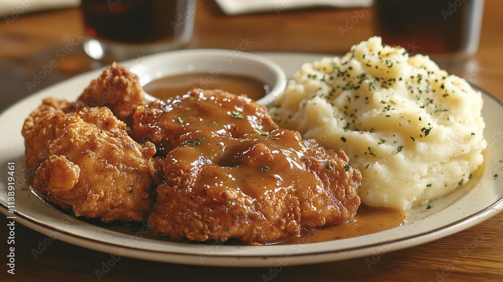 Crispy fried chicken, creamy mashed potatoes, and savory gravy. Crispy fried chicken, creamy mashed potatoes, and savory gravy.