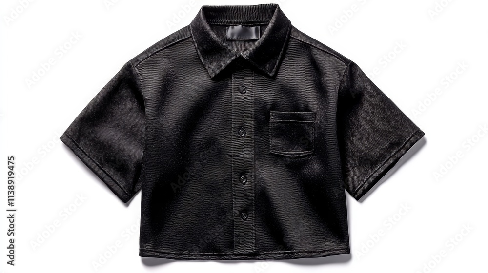 Black short-sleeve collared shirt, isolated on white, flat-lay view, detailed stitching and texture, ideal for fashion mock-up Black short-sleeve collared shirt, isolated on white, flat-lay view, detailed stitching and texture, ideal for fashion mock-up