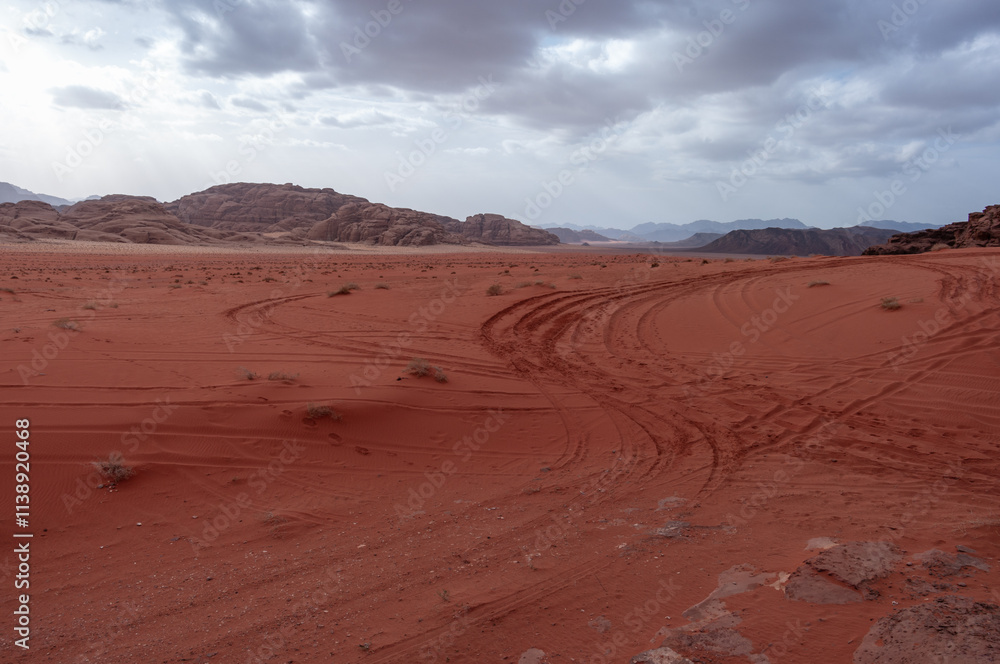 A desert landscape with a cloudy sky in the background A desert landscape with a cloudy sky in the background
