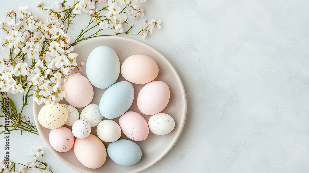 Pastel-colored eggs rest elegantly on a plate, surrounded by delicate white blossoms, embodying springtime joy Pastel-colored eggs rest elegantly on a plate, surrounded by delicate white blossoms, embodying springtime joy