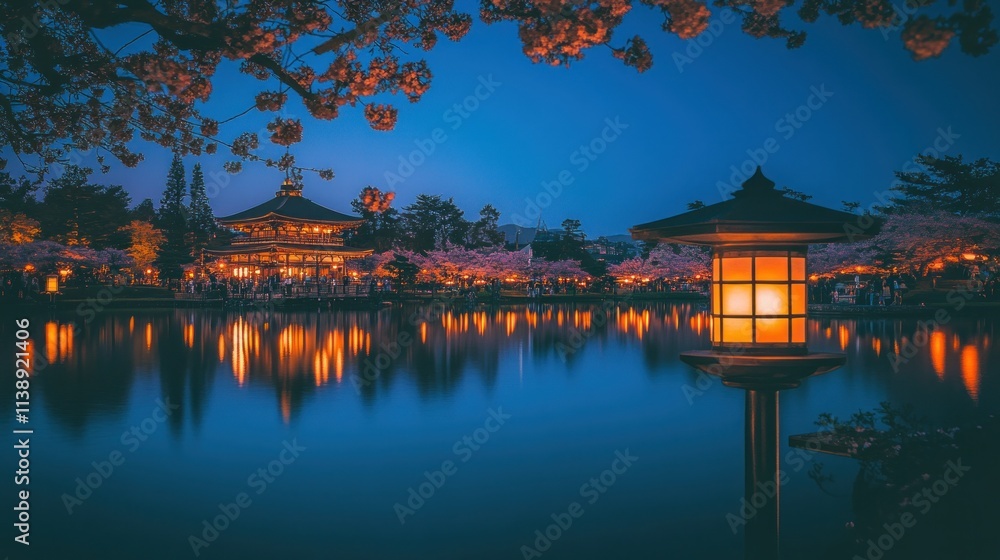 Temple lights reflect in lake, under blossom trees at dusk. Temple lights reflect in lake, under blossom trees at dusk.