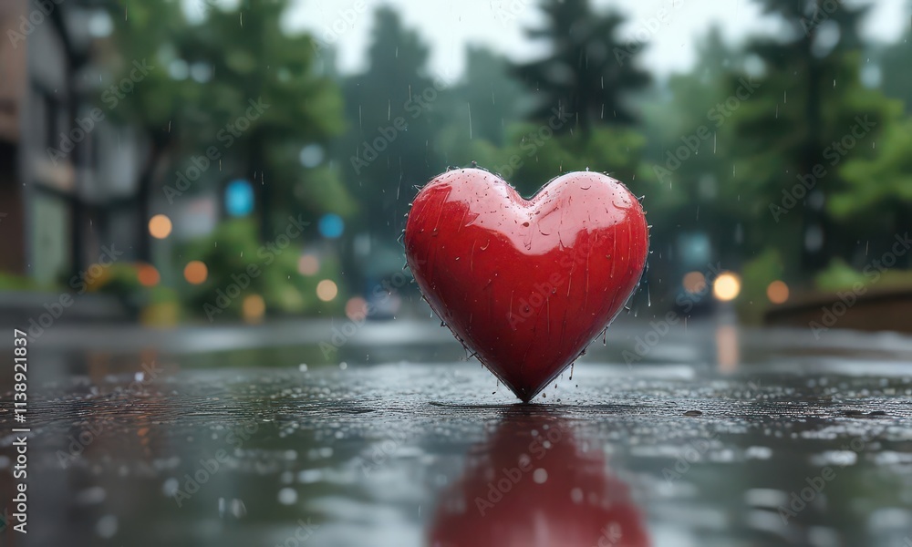 Fototapeta premium Cute hand-drawn heart, rain-streaked windshield, wash, droplets, water