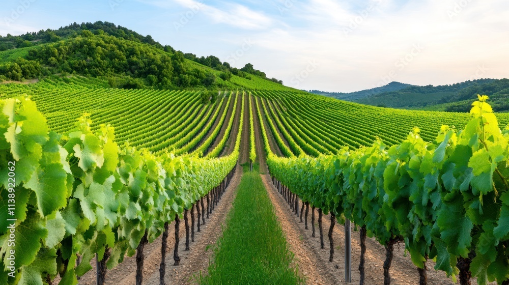 Fototapeta premium Lush green vineyards stretching across rolling hills under a clear sky.