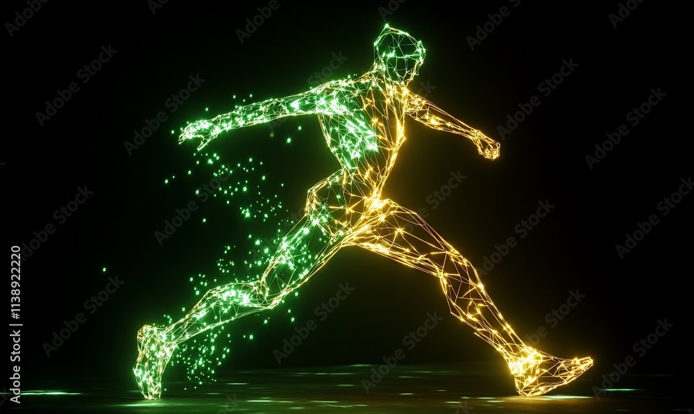 Fototapeta premium Glowing polygonal runner dissolving into particles.