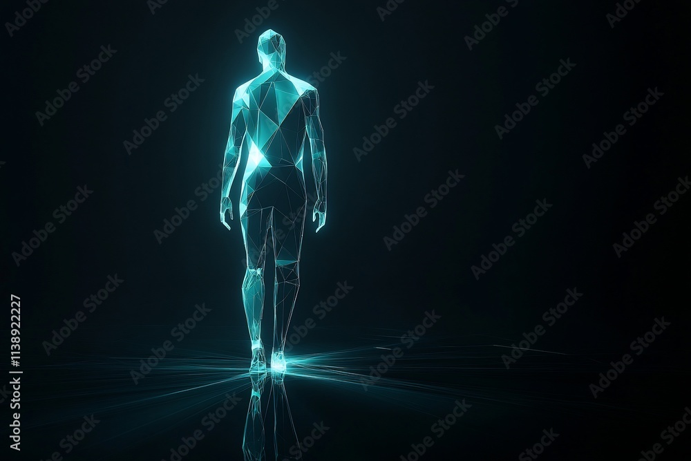 Glowing polygonal human walking forward in dark space. Glowing polygonal human walking forward in dark space.