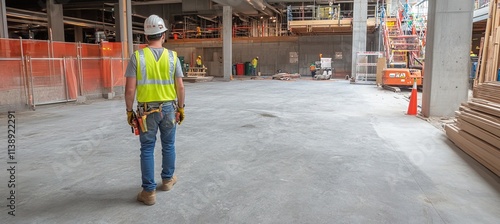 Construction Engineer in Hard Hat and Safety Vest Inspects Progress at a Building Site