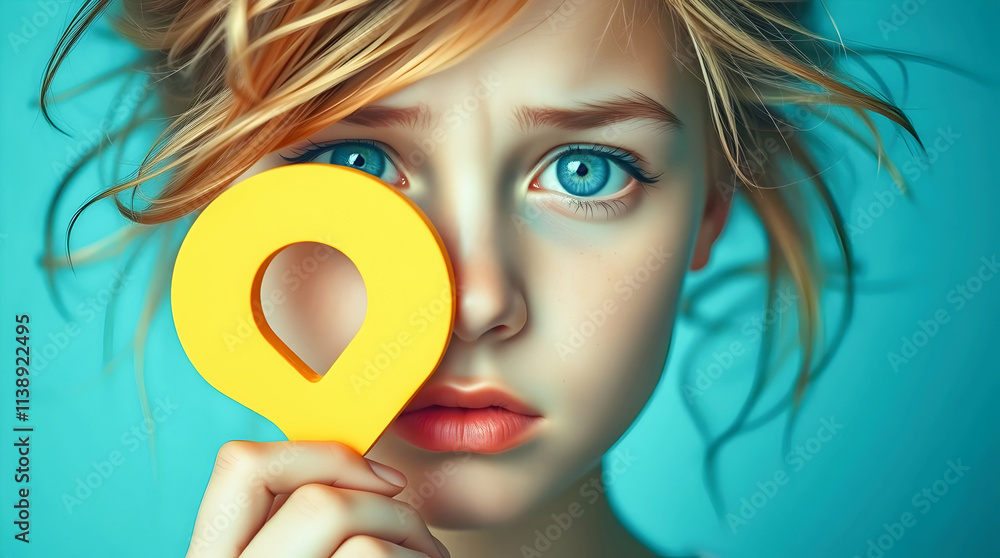 portrait of woman with blue eyes holding yellow object in front of her face, isolated on blue background