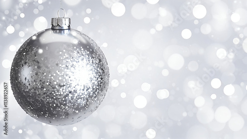 Silver christmas bauble on bokeh background with copy space