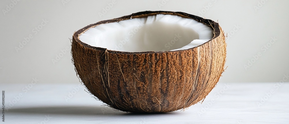 Half a coconut on a white surface. Half a coconut on a white surface.