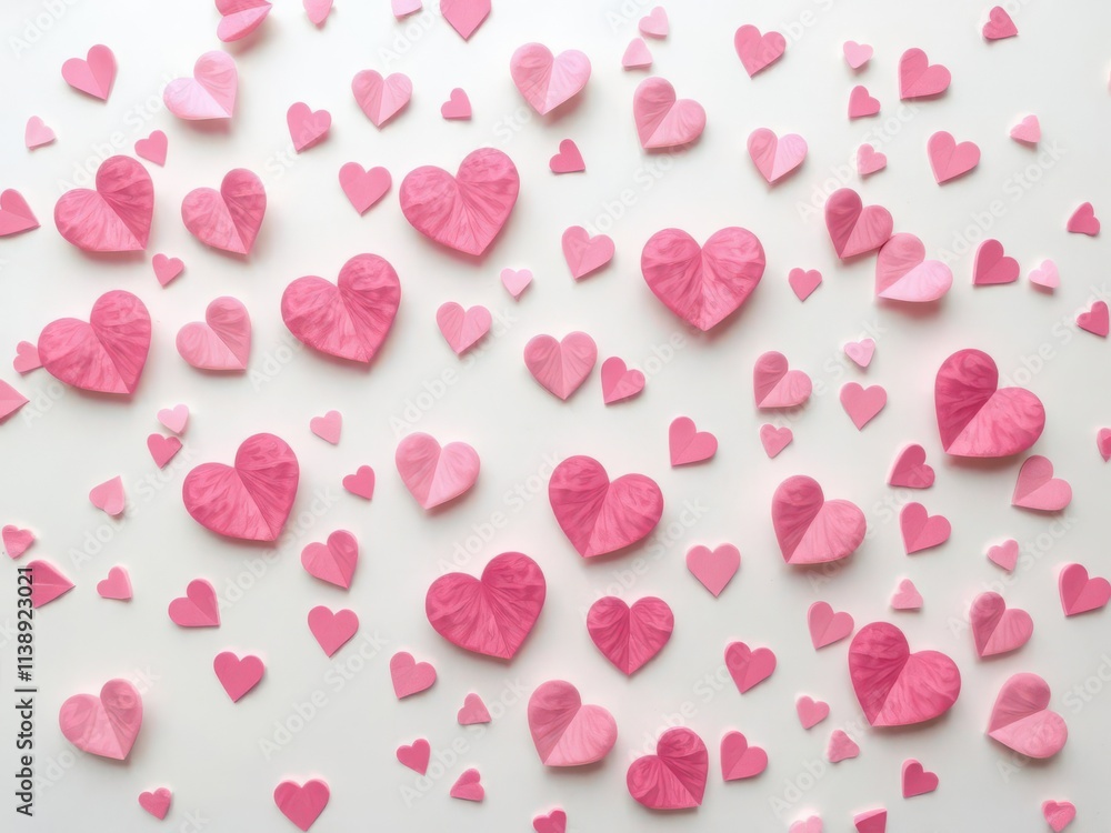 Delicate pink paper hearts confetti scattered on white background, confetti, romantic, paper Delicate pink paper hearts confetti scattered on white background, confetti, romantic, paper