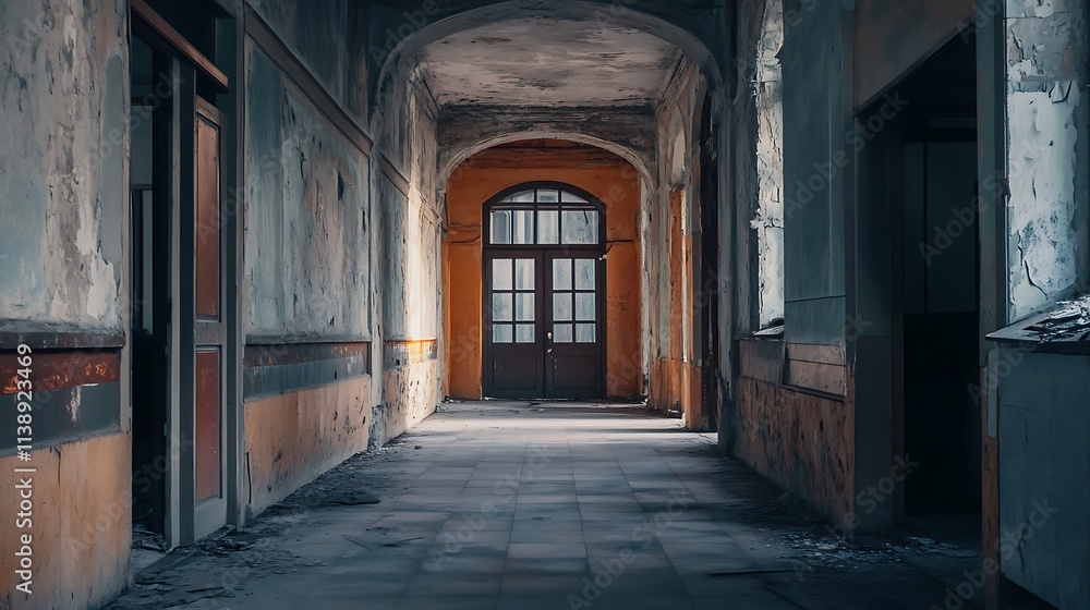 Abandoned Hallway, Decaying Architecture, Empty Corridor Abandoned Hallway, Decaying Architecture, Empty Corridor