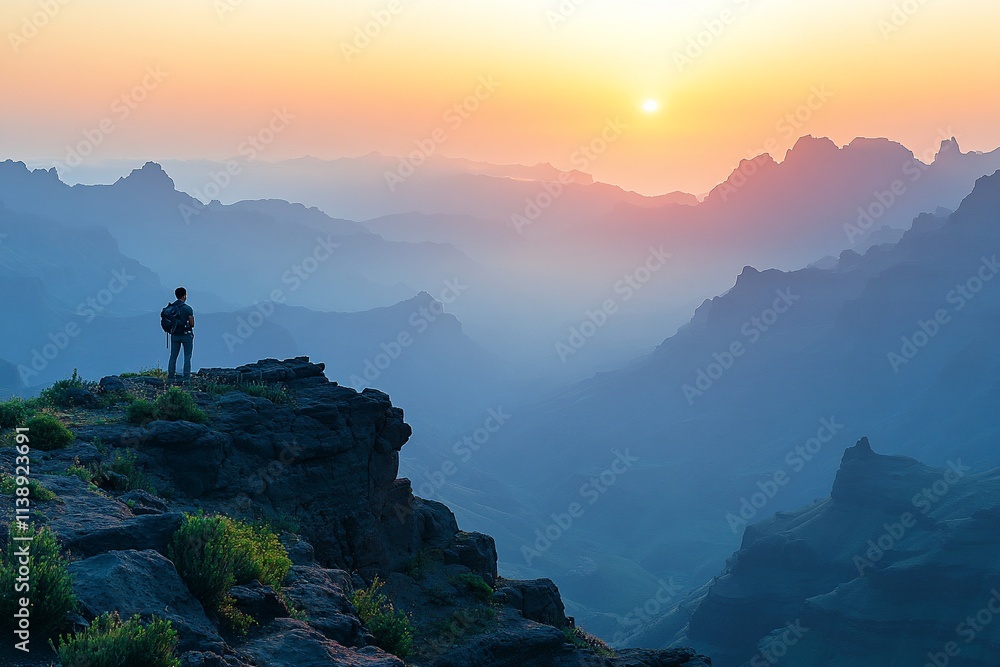 Fototapeta premium Hiker watching sunset over misty mountain peaks.