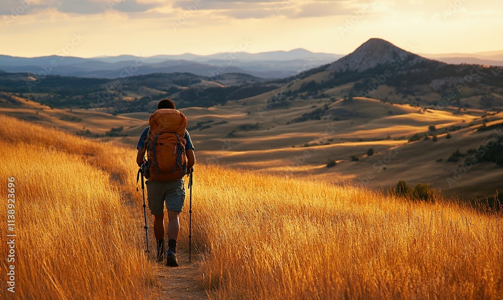 Hiker with backpack trekking in mountains at sunset. Hiker with backpack trekking in mountains at sunset.