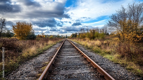 Empty Railroad Tracks Through Autumn Landscape. Concept of Journey, Solitude, and Nature.