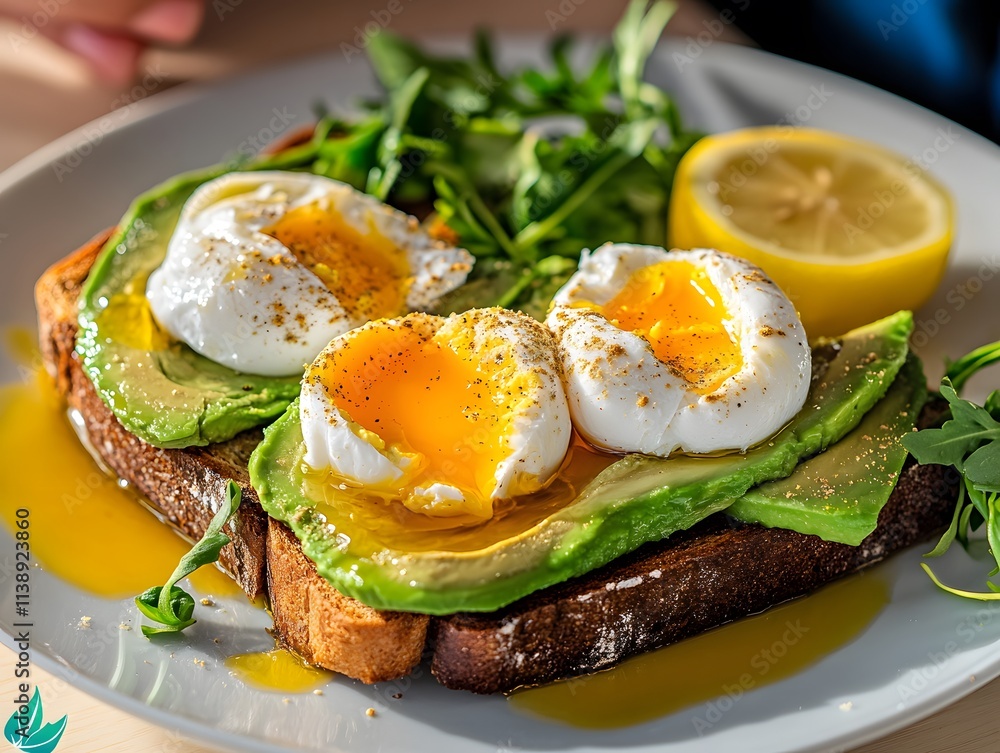 A plate featuring toast topped with avocado and poached eggs, garnished with lemon and greens. A plate featuring toast topped with avocado and poached eggs, garnished with lemon and greens.
