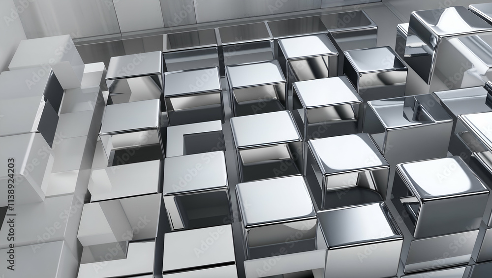 Obraz premium Reflections on metallic cubes arranged in a modern architectural space with varied lighting and textures
