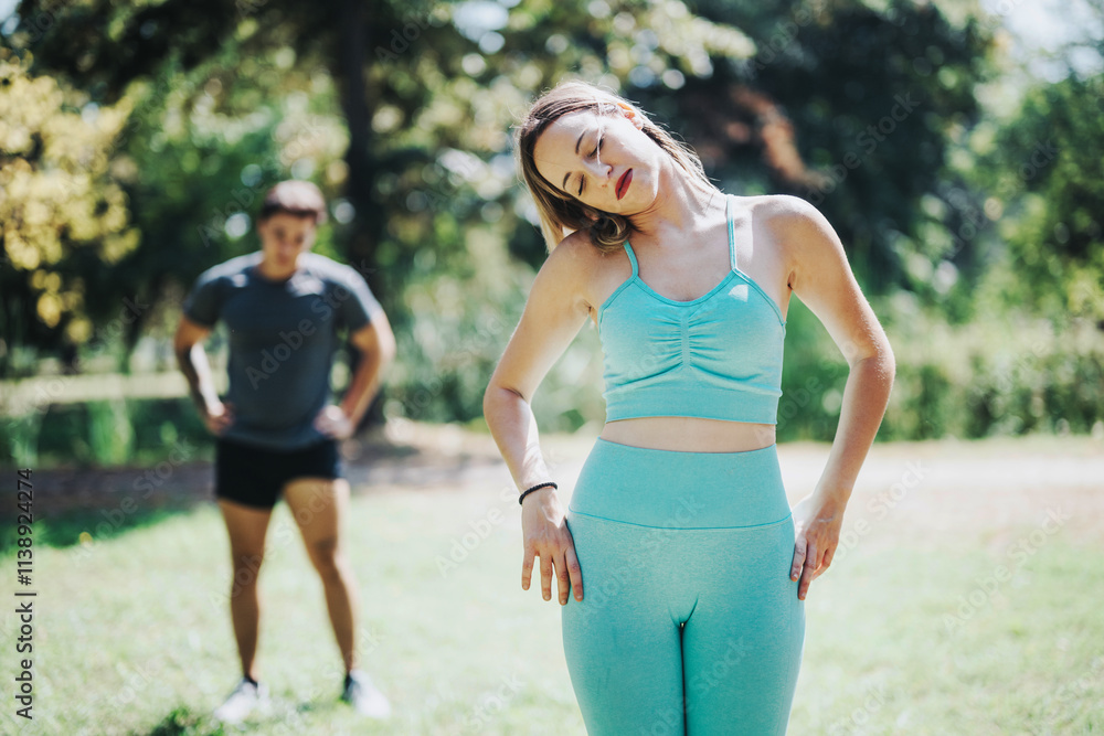 Two friends enjoy an outdoor workout session in a park, focusing on stretching exercises. The warm sunlight and natural setting provide an ideal environment for fitness and well-being. Two friends enjoy an outdoor workout session in a park, focusing on stretching exercises. The warm sunlight and natural setting provide an ideal environment for fitness and well-being.