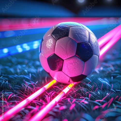 Surreal and futuristic image of a soccer ball glowing with vibrant neon colors on an turf field illuminated by futuristic stadium lighting in a modern sports arena setting