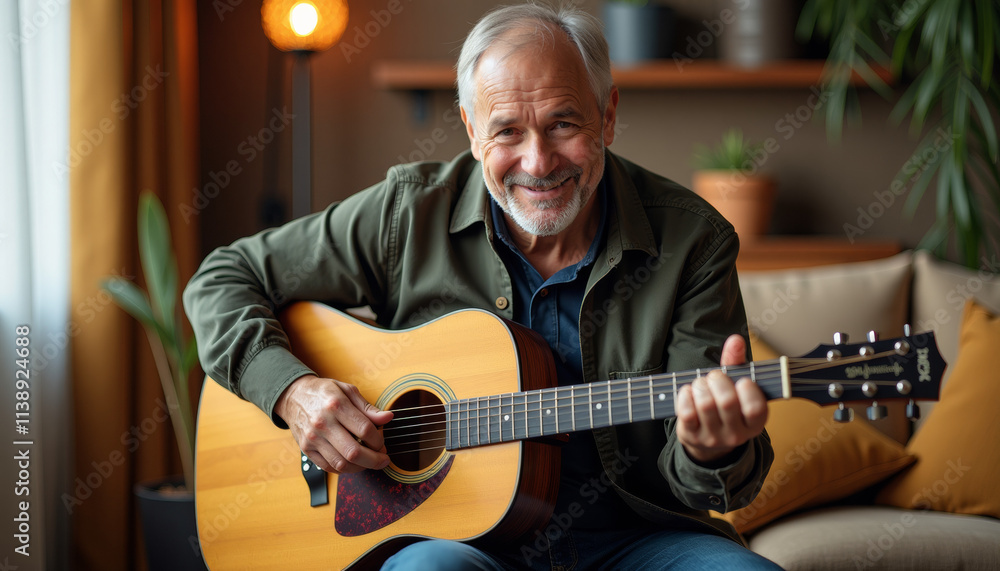 Obraz premium Senior Man Playing Acoustic Guitar at Home
