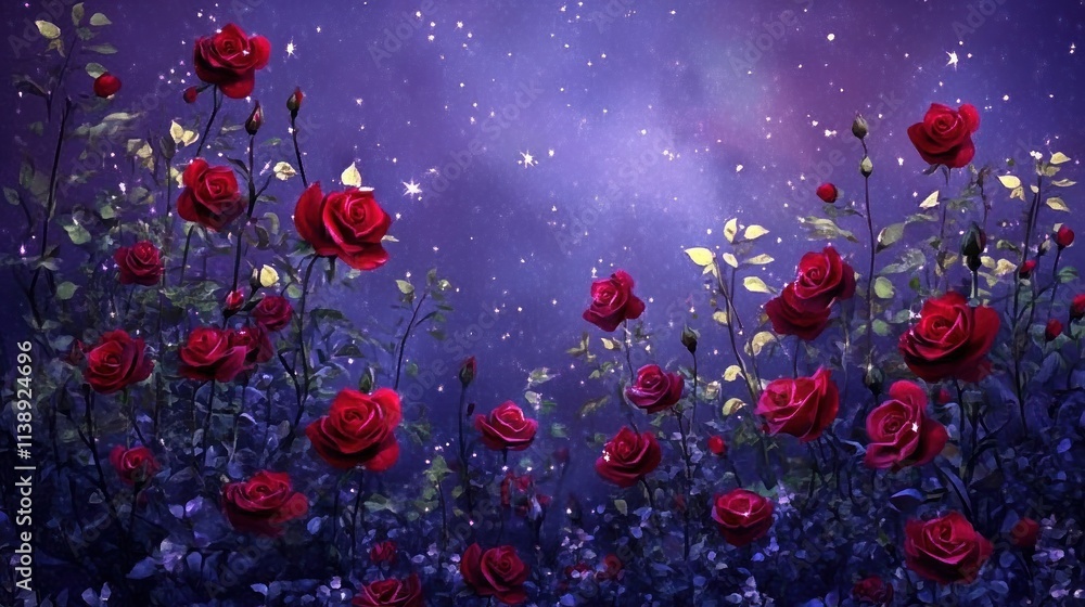 Red roses bloom under a starry night sky. Red roses bloom under a starry night sky.