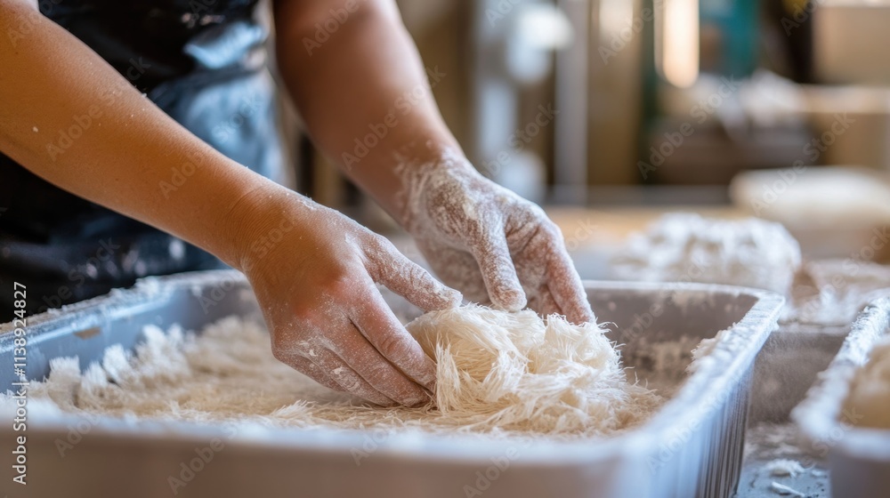 A macro shot of hands working with a compostable material blending natural fibers into a mold demonstrating the manufacturing of ecofriendly packaging alternatives. A macro shot of hands working with a compostable material blending natural fibers into a mold demonstrating the manufacturing of ecofriendly packaging alternatives.