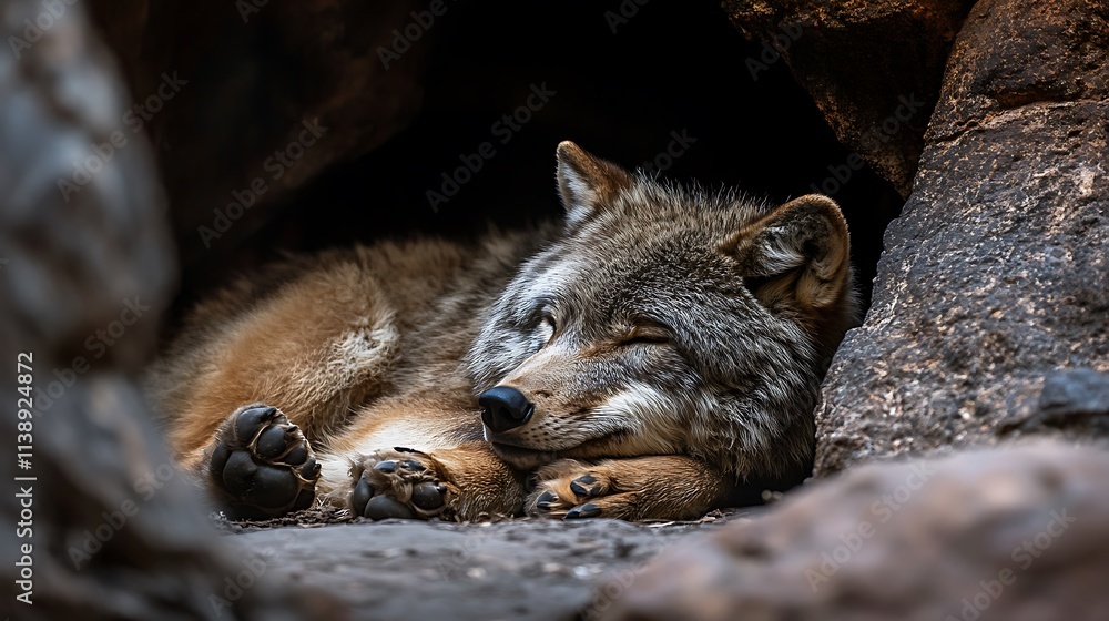 Sleepy Wolf in Cave. Wildlife, Nature, Relaxation Sleepy Wolf in Cave. Wildlife, Nature, Relaxation