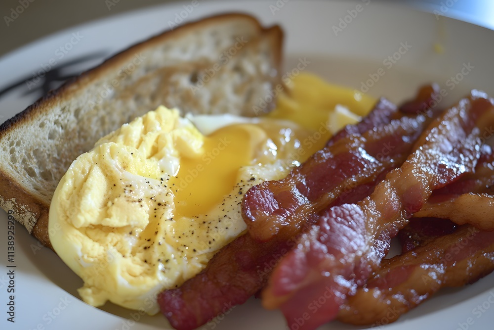 A plate featuring scrambled eggs, crispy bacon, and toasted bread. A plate featuring scrambled eggs, crispy bacon, and toasted bread.