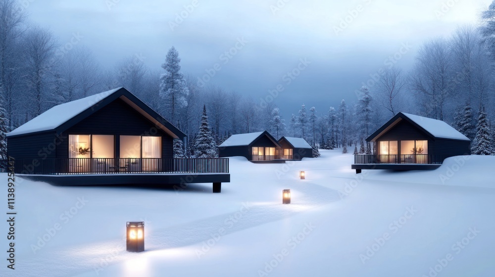 Cozy winter cabins surrounded by snow and trees at dusk. Cozy winter cabins surrounded by snow and trees at dusk.