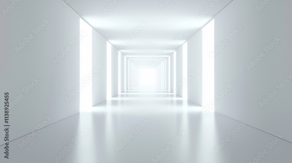 Fototapeta premium Bright white hallway with glowing light panels.