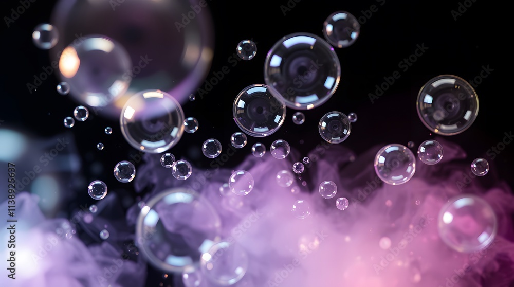 Dreamlike surreal imagery, soft dreamy atmosphere. Colorful liquid bubbles in water against a black background. Hazy soft light, fantastical elements, Dreamlike surreal imagery, soft dreamy atmosphere. Colorful liquid bubbles in water against a black background. Hazy soft light, fantastical elements,