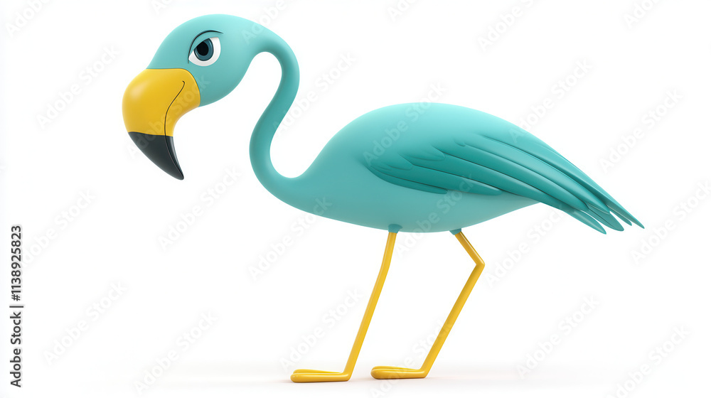 Fototapeta premium A 3D stylized cartoon of a flamingo with a teal blue body and yellow legs, large smooth curved beak, glossy finish, minimalistic design, clearly separated from a white background, vibrant and visually