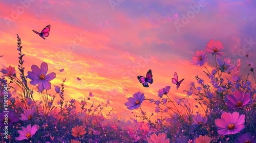 Wallpaper Mural Butterflies flying over flowers at sunset. Torontodigital.ca