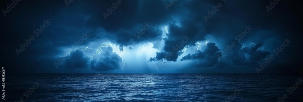 Dramatic Thunderstorm With Lightning At Open Sea, Dark Nature Background For Storm Concept Dramatic Thunderstorm With Lightning At Open Sea, Dark Nature Background For Storm Concept
