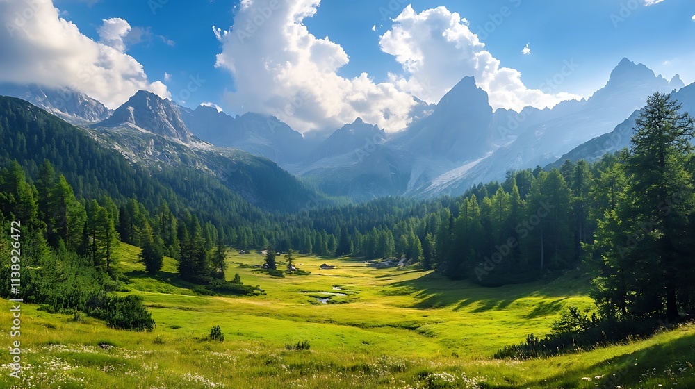 Fototapeta premium Alpine valley meadow under a vibrant sky. Scenic mountain landscape.