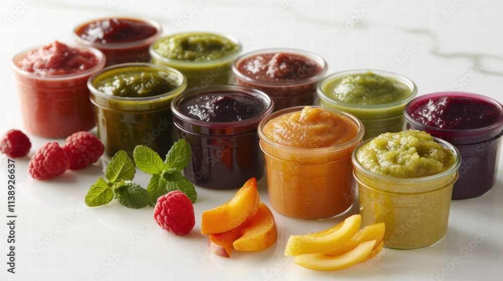 Organic baby food jars with pureed fruits and vegetables, displayed on a white background for a healthy, child-friendly look . Organic baby food jars with pureed fruits and vegetables, displayed on a white background for a healthy, child-friendly look .