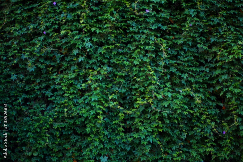 A wall completely covered in green ivy with a few purple flowers. The leaves are lush and vibrant, creating a natural, textured background. A wall completely covered in green ivy with a few purple flowers. The leaves are lush and vibrant, creating a natural, textured background.