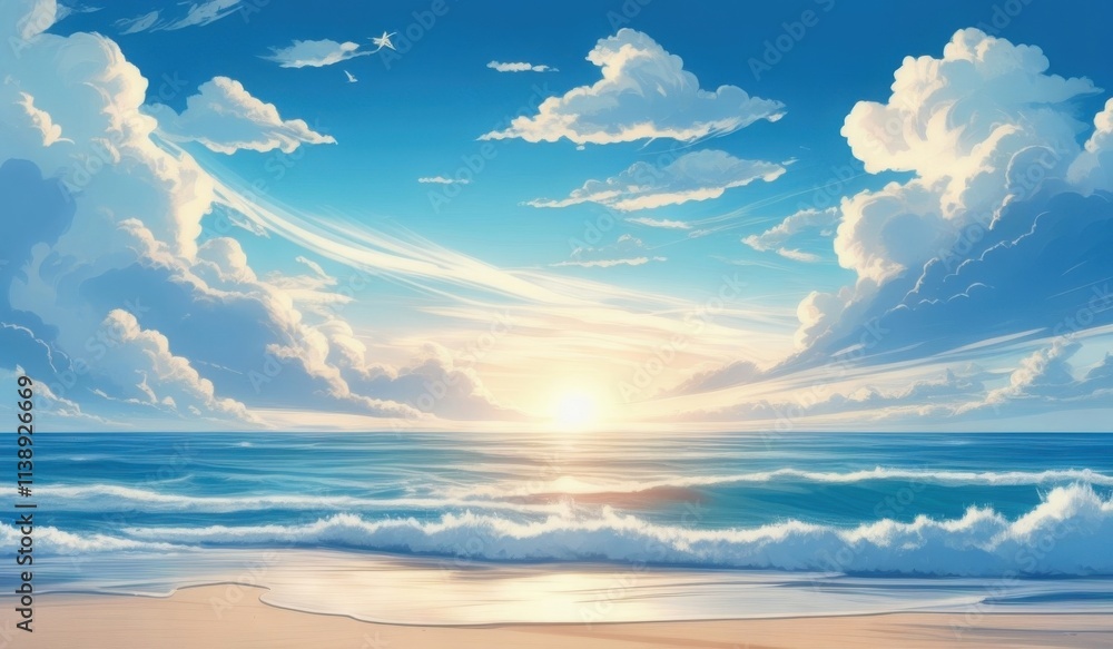anime landscape of a beach with waves and a sunset anime landscape of a beach with waves and a sunset