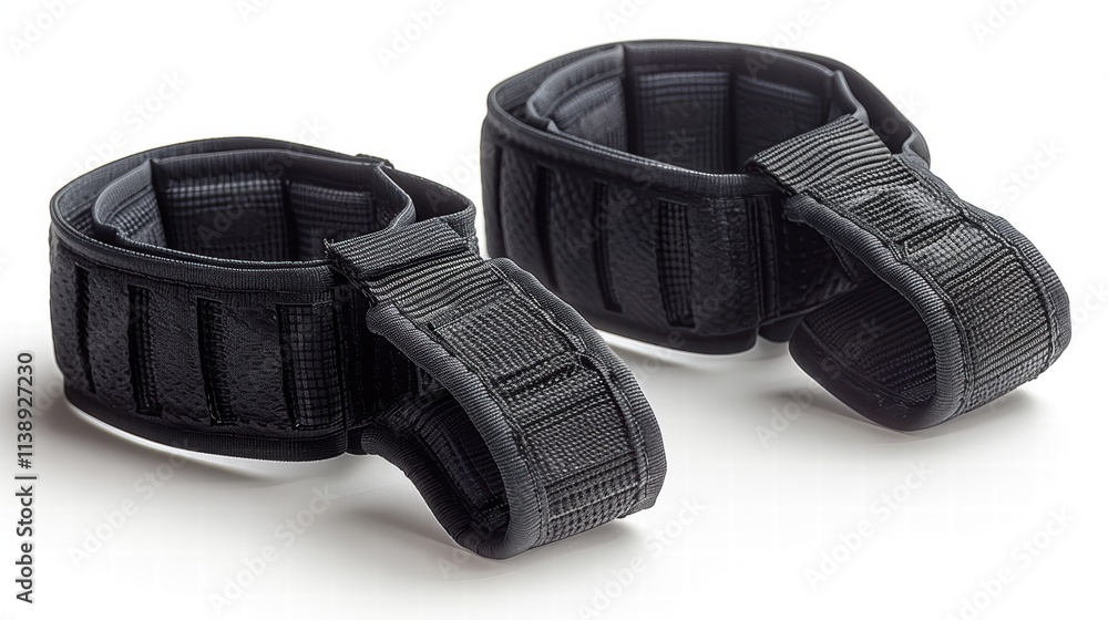 Pair of ankle weights with Velcro straps, arranged on a white background to highlight their functionality for resistance training . Pair of ankle weights with Velcro straps, arranged on a white background to highlight their functionality for resistance training .